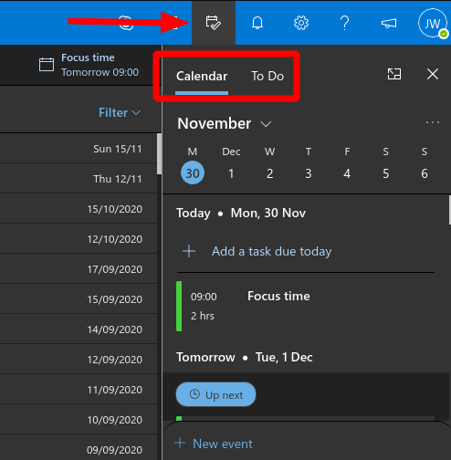 Screenshot of calendar pane in Outlook web app