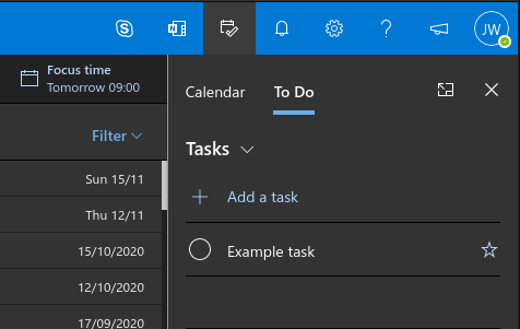 Screenshot of To Do pane in Outlook web app