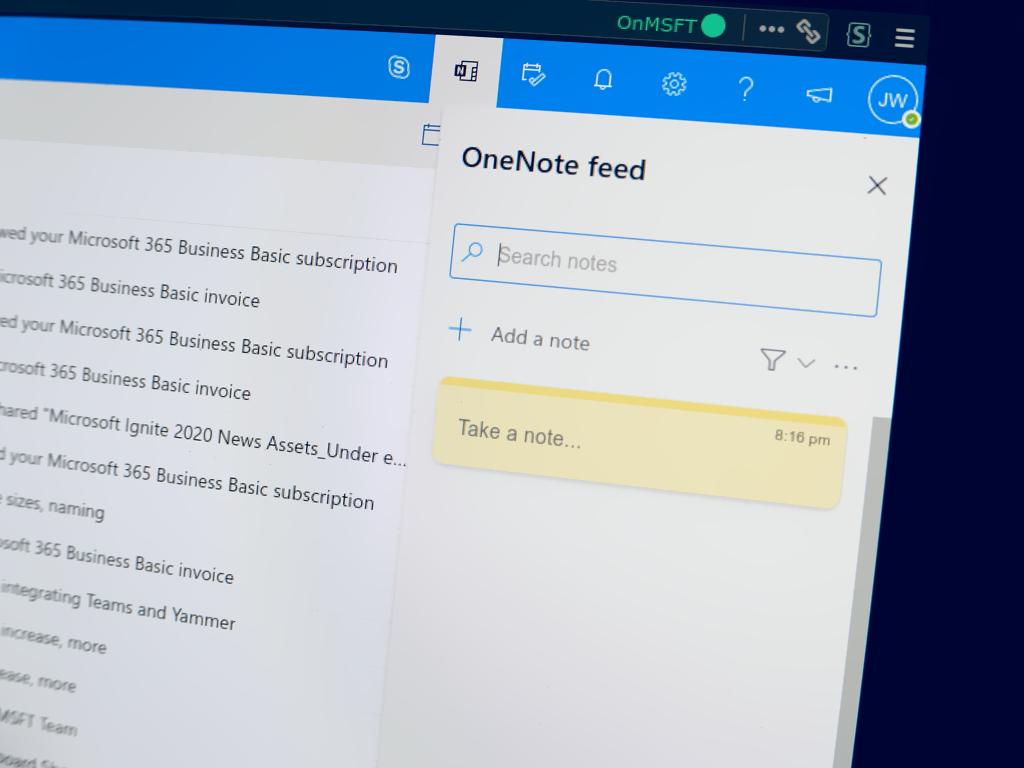 Imagen que muestra una fuente de OneNote en Outlook en la web