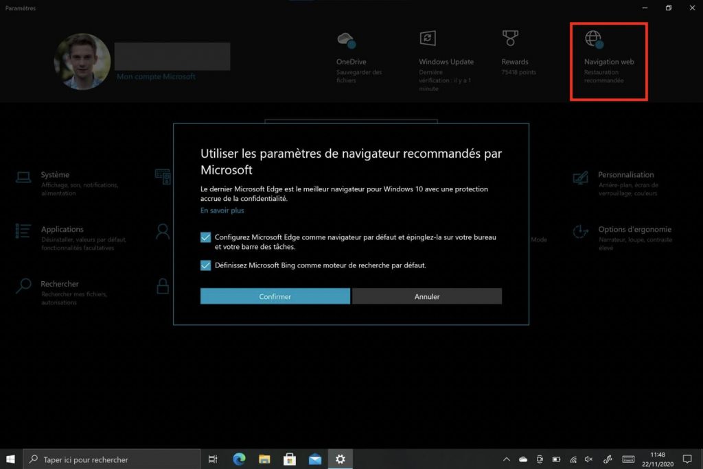 Windows 10 settings application new web browsing settings