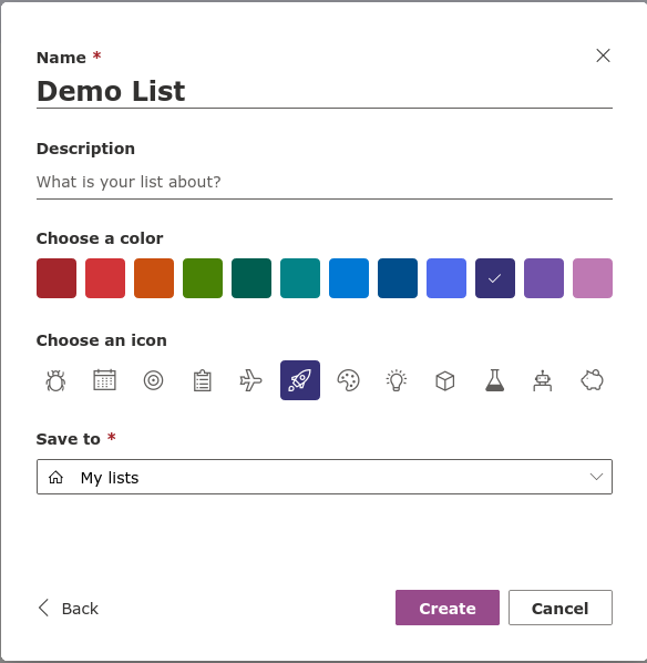 Screenshot of list creation in Microsoft Lists