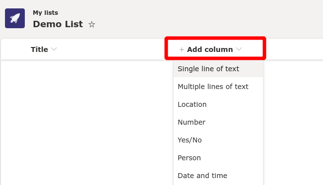 Screenshot of column creation in Microsoft Lists