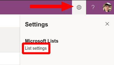 Screenshot showing Microsoft Lists settings