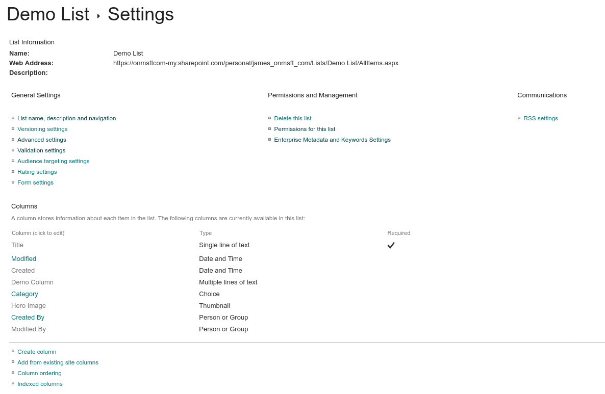 Screenshot of configuring a Microsoft Lists list using the SharePoint settings interface