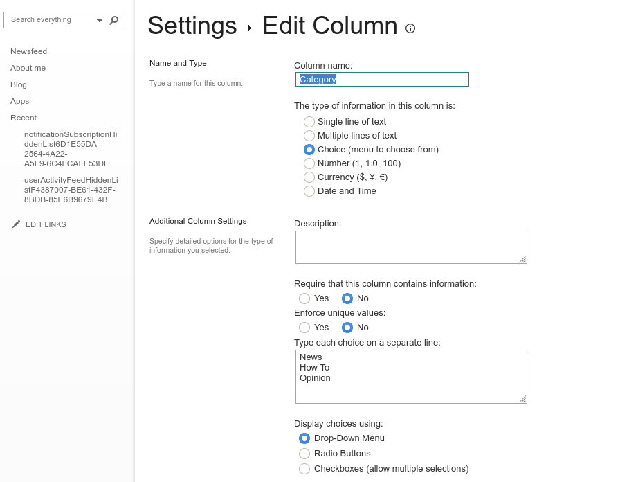 Screenshot of configuring a Microsoft Lists list using the SharePoint settings interface