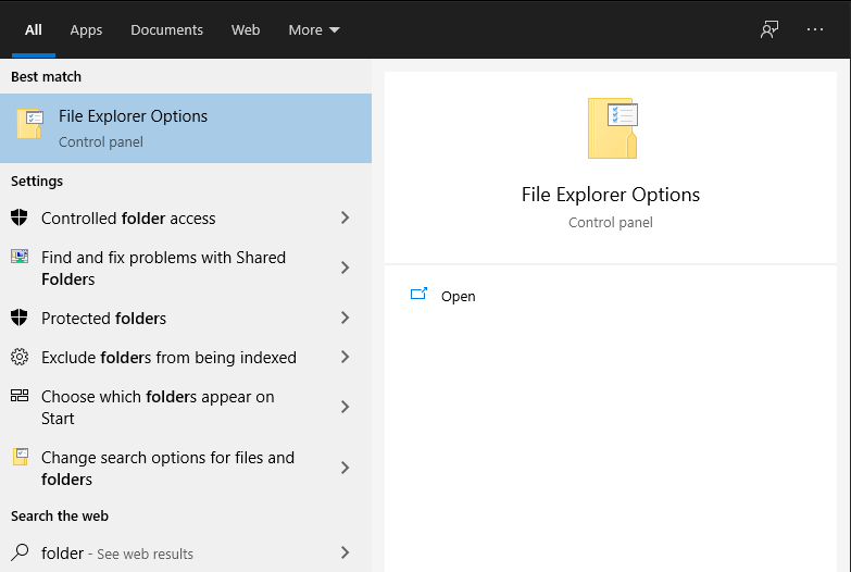 Screenshot showing File Explorer Options in Windows 10 Start menu search