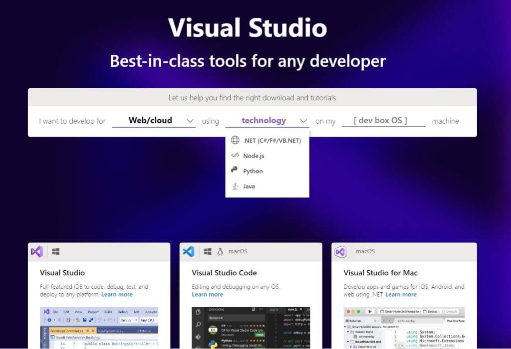 Visual Studio Tool Selector Node Python Java Net