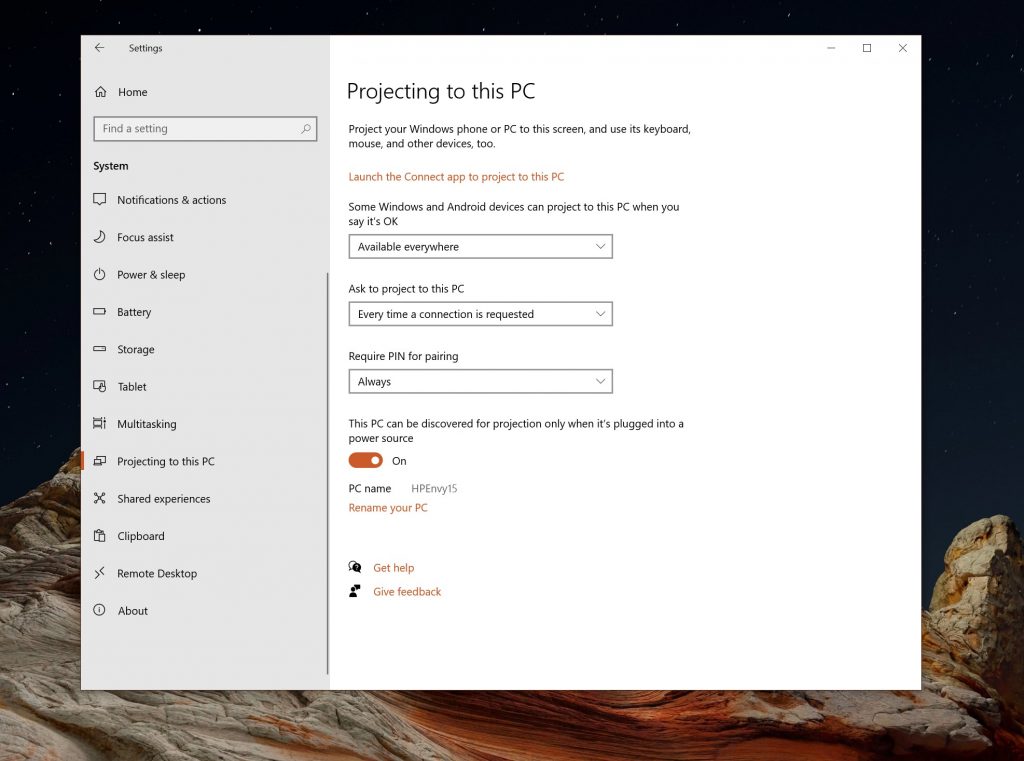 Projection Settings Windows 10