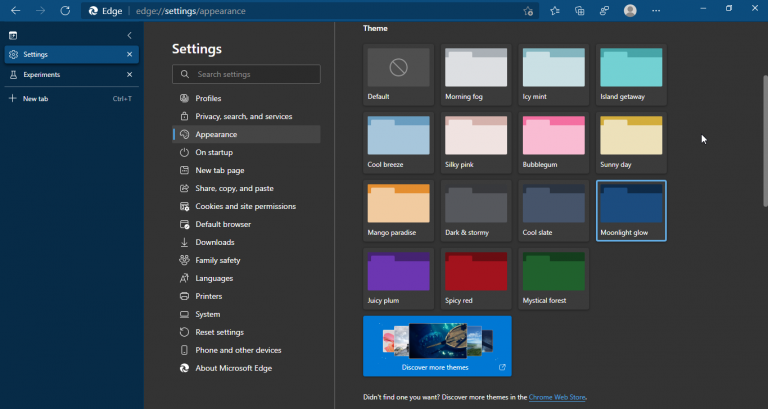 Microsoft Edge Theme Options