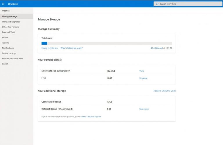 Onedrove manage storage page