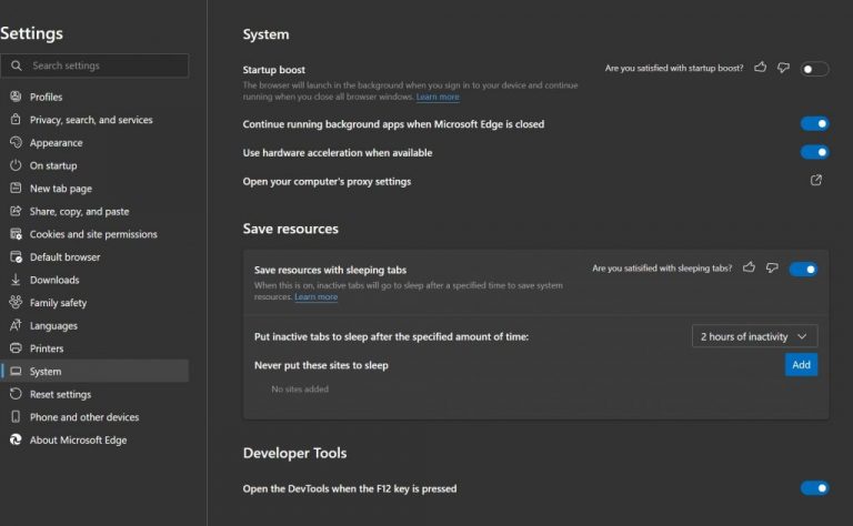 Microsoft Edge Performance Settings