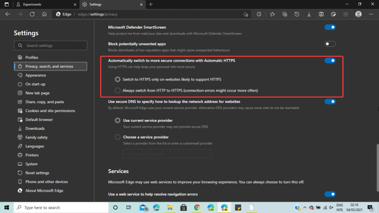 microsoft edge automatic https switching