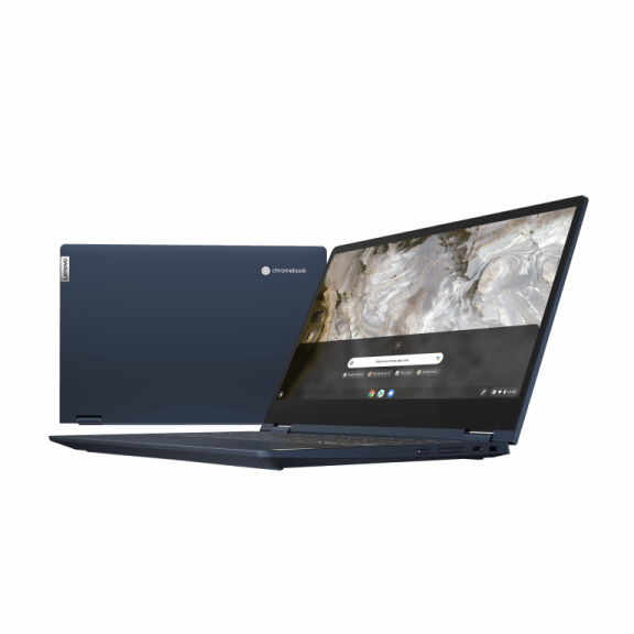 Lenovo Flex 5i Chromebook 13in Abyss Blue Closeup with Front Facing Left