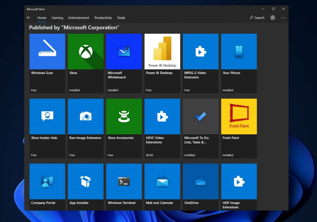 The Microsoft Store running on Windows 11 with Microsoft apps