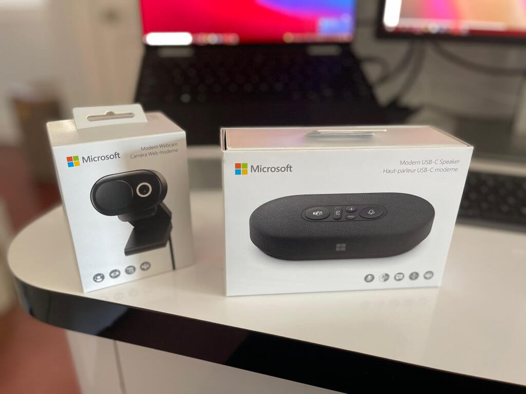 Podcast unboxing of the microsoft modern webcam and usb-c speaker.