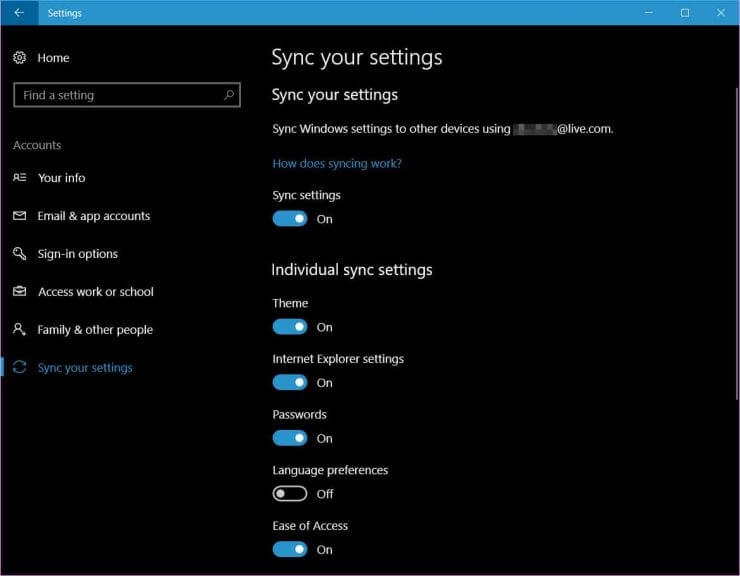 Windows 10 Sync your settings options