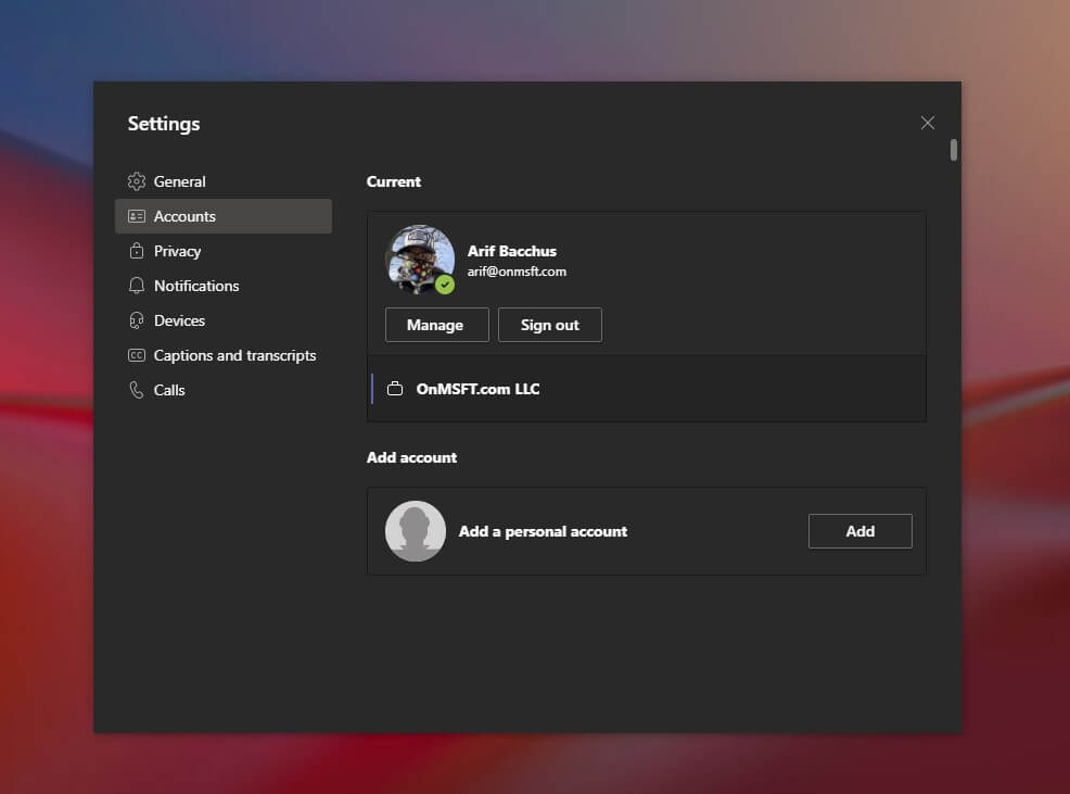 Add account Teams