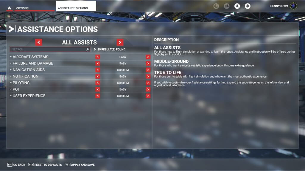 Microsoft flight simulator assistance settings