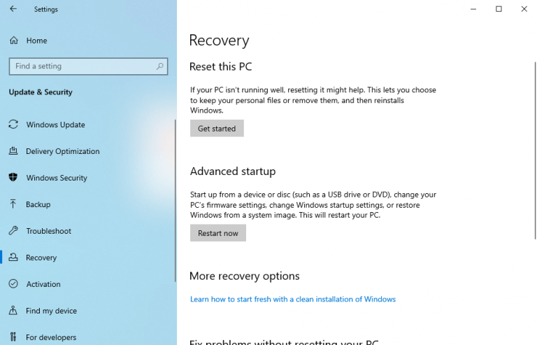 إعدادات إعادة ضبط مصنع Windows