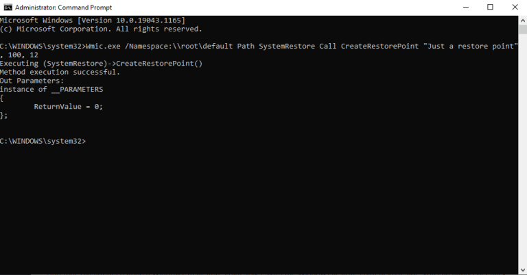 creating a windows restore point from command prompt
