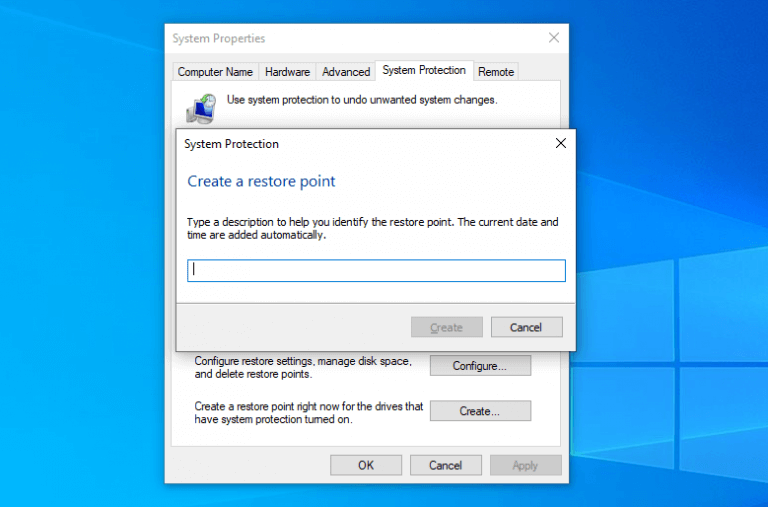 creation of restore point on Windows 10