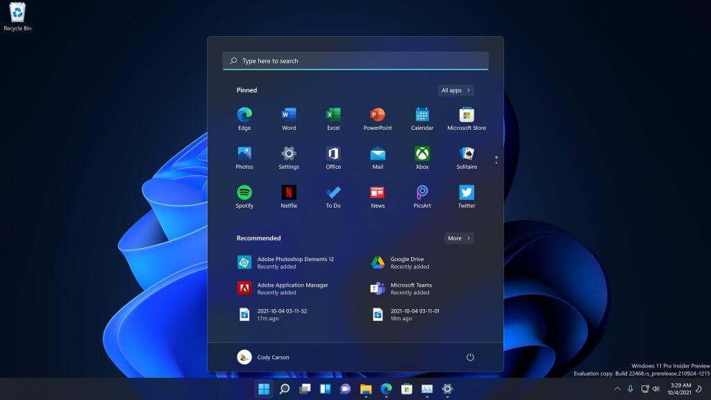 Windows 11 Review: A More Coherent Software Experience (Hands On Video) - Screenshot 1 Windows 11 start
