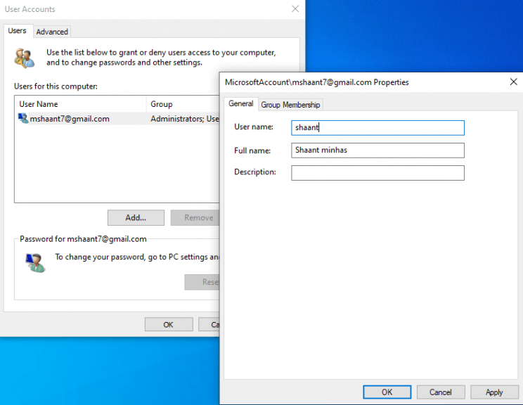 changing the account user name in windows 10