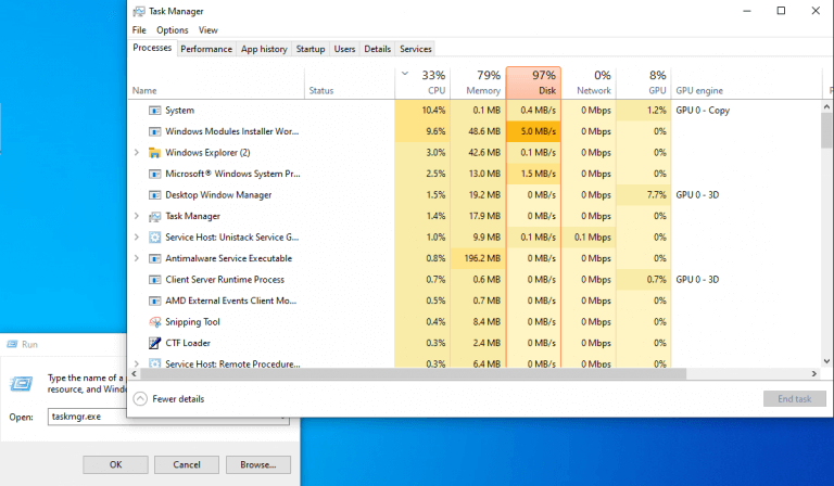 opening task manager from run dialog box