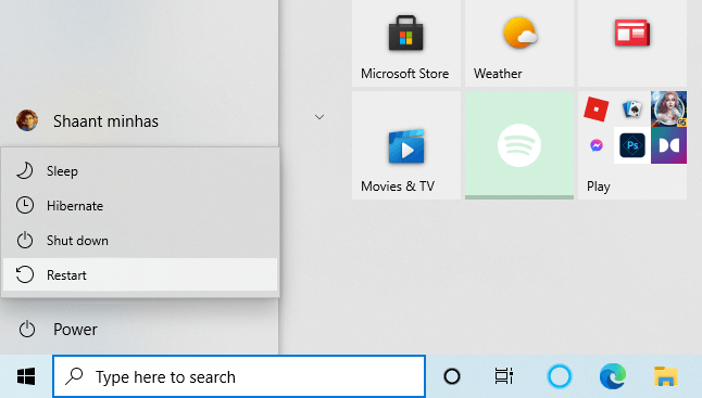 restart your windows 10 from start menu