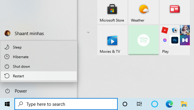 Restart your windows 10 from start menu