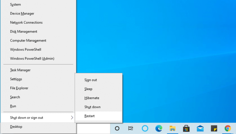 Restart Windows 10 from the links menu