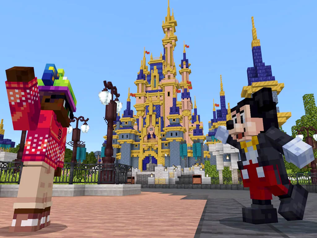 Minecraft video game with Mickey Mouse at Disneyland.
