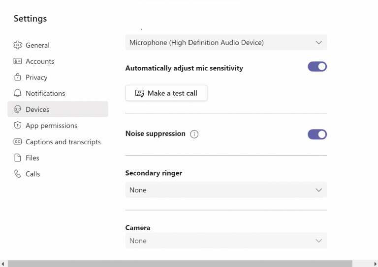 Microsoft teams settings