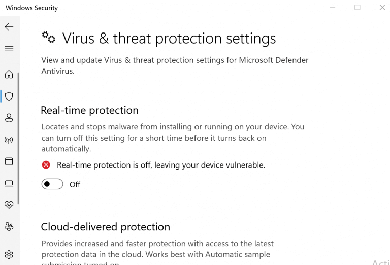 Turning off the real time protection