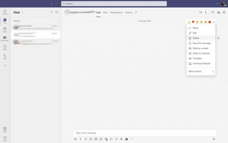 Deleting a chat in teams desktop app