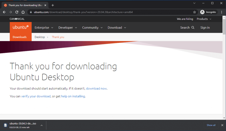 downloading the ubuntu installation file