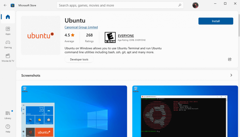 installing ubuntu on your Windows from microsoft store