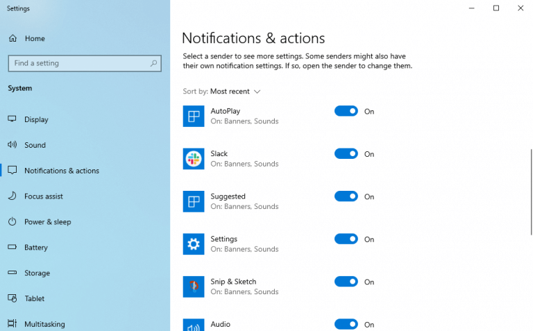 notification and actions menu
