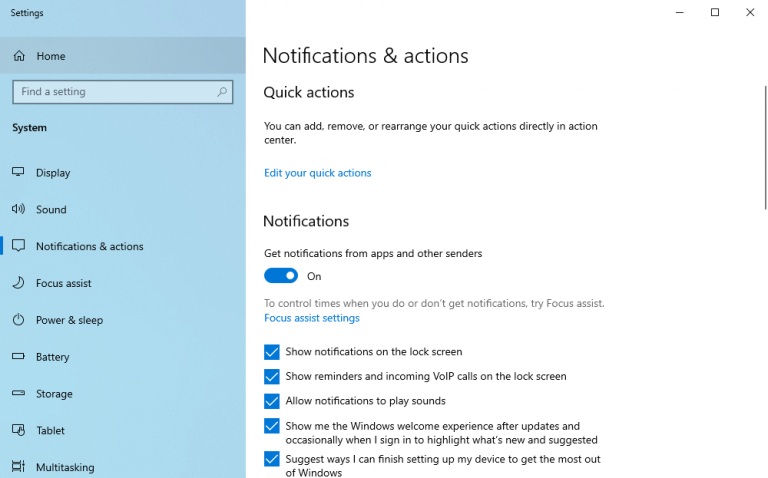 notifications and action settings