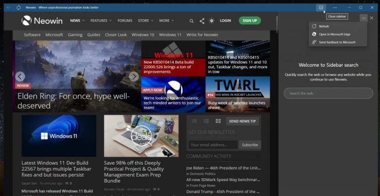 Microsoft Edge Canary has a new Web App Sidebar - OnMSFT.com - March 3, 2022