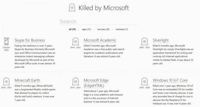 Check out Killed by Microsoft, a website that lists all of the dead Microsoft products - OnMSFT.com - March 28, 2022