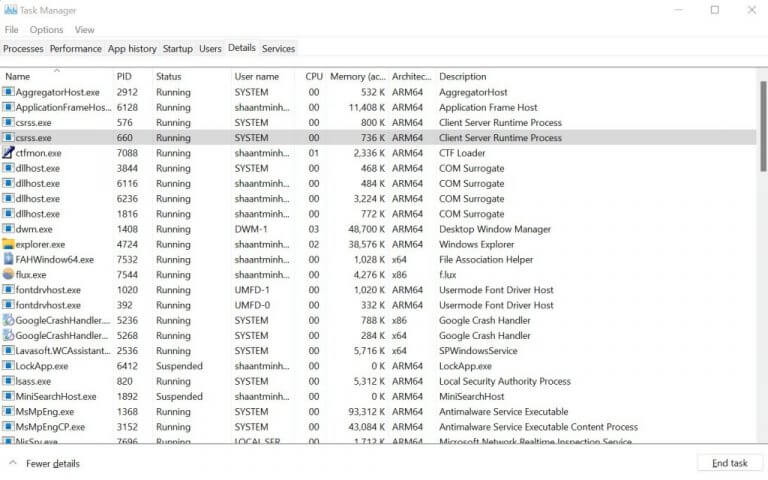 details section in task manager