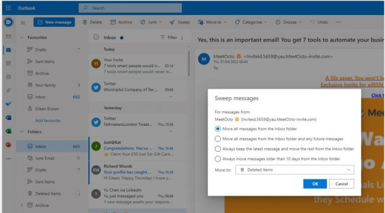 Options for managing messages using Microsoft Outlook's Sweep eileen brown onmsft