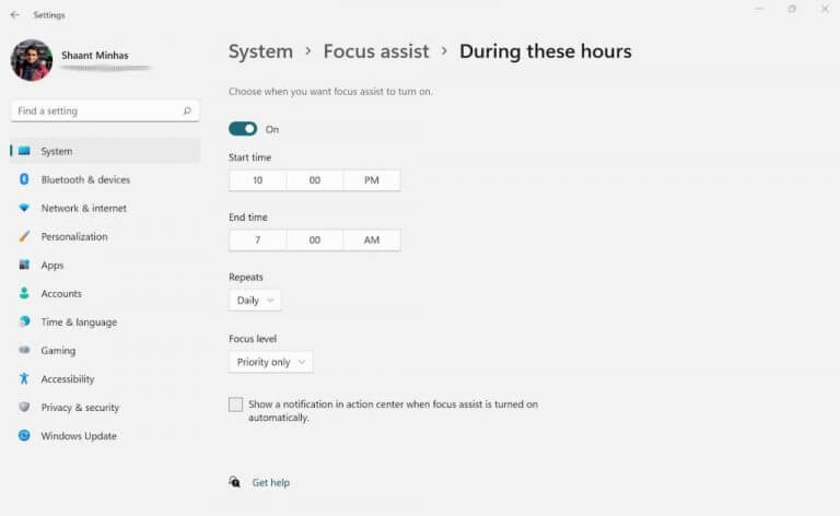 focus assist time settings