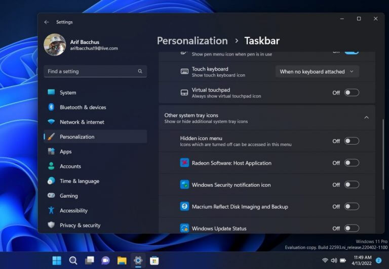 PSA: The latest Windows Insider Dev, Beta Channel builds lets you disable all app icons in your system tray - OnMSFT.com - April 13, 2022