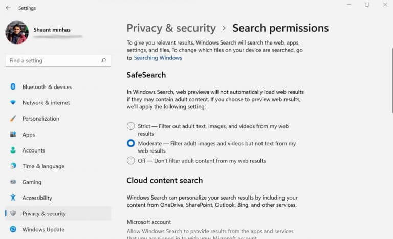 search permissions in settings