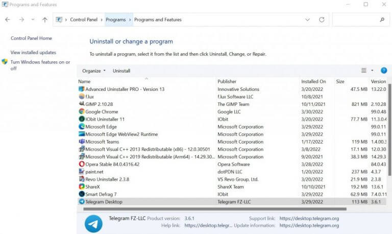 uninstallation of windows apps through control panel