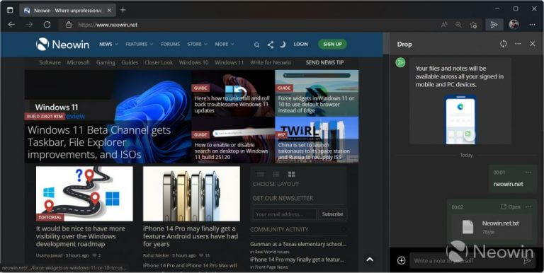 Microsoft Edge está recibiendo una nueva multiplataforma "Soltar" Espacio para notas, almacenamiento de archivos - OnMSFT.com - 31 de mayo de 2022