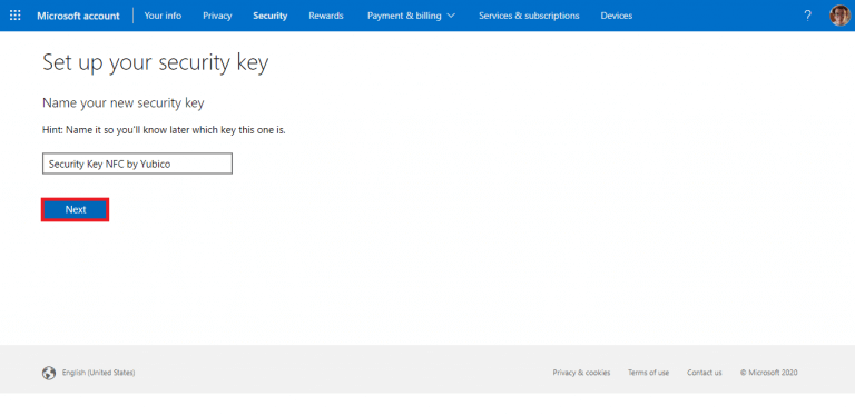 NEXT SET UP SECURITY KEY