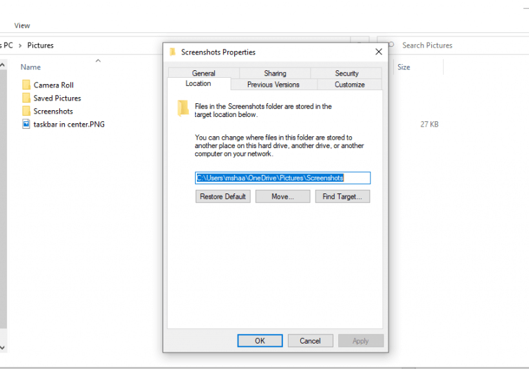 changing the default location of screenshots